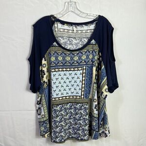 EST. 1946 Navy Blue and Floral Cold Shoulder Top Size 26/28 Gently Worn